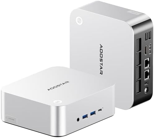 A front-angled view of the AOOSTAR MACO mini PC highlighting its sleek aluminium chassis and the fingerprint-integrated power button.